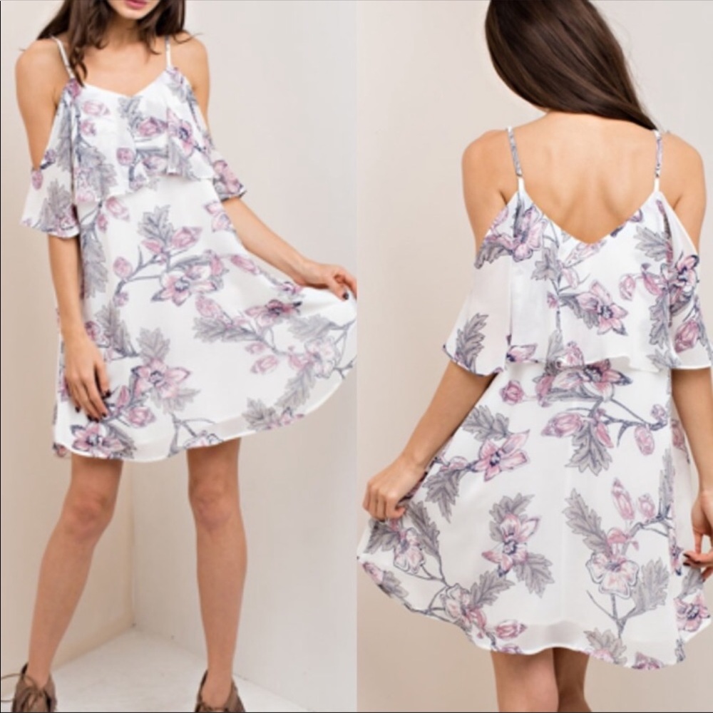 Floral Cold-Shoulder Midi Dress in White and Pink